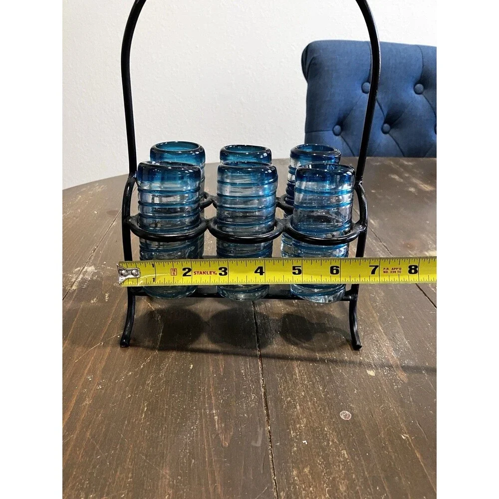 Set of 6 Mexican Hand Blown Confetti shot glasses and Metal Carrier, holder